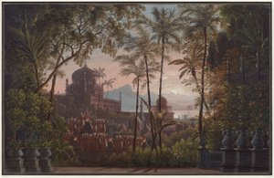 Nurmahal aneb slavnost růží v Kašmíru. Opera Gaspara Spontiniho. Návrh pro 1. dekoraci. Palácová zahrada s výhledem na Kašmír od Karl Friedrich Schinkel