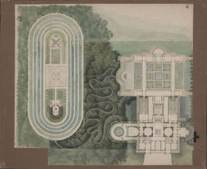 Potsdam-Sanssouci. Antický venkovský dům u zámku Charlottenhof. Situační plán a půdorys od Karl Friedrich Schinkel