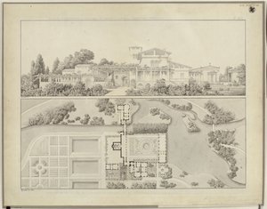 Potsdam-Sanssouci. Římské lázně u zámku Charlottenhof. Pohled od západu a půdorys zahradníkova domu od Karl Friedrich Schinkel