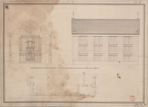 Tillendorf (Bolesławice, liehnický vládní obvod). Návrh evangelického kostela. Půdorys, nárys boční fasády a příčný řez od Karl Friedrich Schinkel