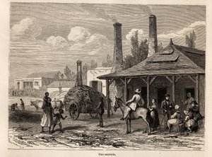 Cukrovar z Riviere du Rempart na Mauriciu, kresba Karla Girardeta (1813-1871), pro ilustraci pobytu Alfreda Verneyho na Mauriciu v roce 1861. Rytina v „“Le tour du monde“, editoval Edouard Charton