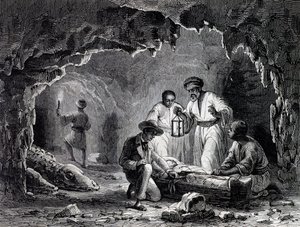 Arkeologiset löydöt Samounin luolissa, kaiverrus Karl Girardetin (1813-1871) piirustuksen perusteella