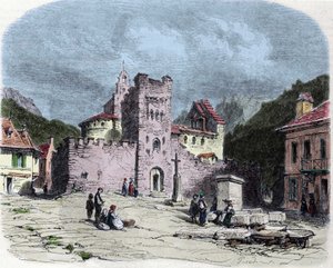 Kostel rytířů Řádu chrámu (templářů) v Luz Saint Savior (Luz-Saint-Sauveur nebo Luz St Saviour, Luz-St-Sauveur). Kresba Karla Girardeta (1813-1871)