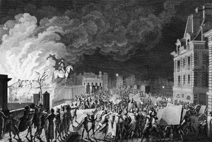 První z francouzské revoluce: Požár strážního sboru na Pont Neuf v Paříži dne 29. srpna 1788. Kresba a rytina Girardet. Paříž, knihovna Ústavu dějin revoluce