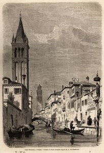 Kanál Rezonico, kresba Karla Girardeta (1813-1871), k ilustraci cesty Adalberta de Beaumonta do Benátek, kolem roku 1850. Rytina „“Le tour du monde“, editoval Edouard Charton od Karl Girardet