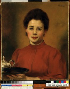 ""Mladá žena v červeném"" Portrét ženy nesoucí podnos se stříbrnou konvicí. (Žena v červeném) Malba Karla (Carla) Gusova (1843-1907) 1904 Mikalojus Konstantinas Ciurlionis Fine Arts Museum, Kaunas, Litva