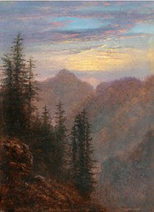 ""Paysage de montagne au crepuscule"" (Horská krajina za soumraku) Peinture de Carl Gustav Carus (1789-1869) 19eme siecle Olej na plátně Rozměr 20,6x15,1 cm Collection privee