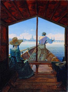 Výlet lodí ""Časné ráno na Labi"" po Labi u Drážďan (Výlet na člunu po Labi u Drážďan (Ráno na Labi) Obraz Carl Gustav Carus (1789-1869) Olej na plátně 1827 Rozměr 29x22 cm Museum Kunstpalast, Düsseldorf