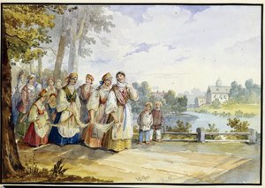 Ruské selské dívky s festivalovými šaty. Dílo Karla Ivanoviče Kolmanna (1786-1846), akvarel na kartonu