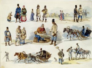 Ruské lidové typy. (Lidové typy Ruska). Dílo Karla Ivanoviče Kolmanna (1786-1846), akvarel na kartonu
