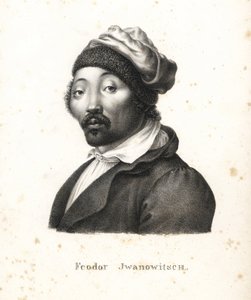 Feodor Jwanowitsch, kalmycký nomád unesený Rusy, který se později stal malířem a mědirytcem. Litografie Karla Josepha Brodtmanna z Ilustrované přírodní historie lidí a zvířat Heinricha Rudolfa Schinze od Karl Joseph Brodtmann