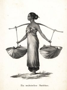 Malajská dívka se svázanými vlasy nesoucí tenisky ze jha. Litografie Karla Josepha Brodtmanna z Ilustrované přírodní historie lidí a zvířat Heinricha Rudolfa Schinze od Karl Joseph Brodtmann