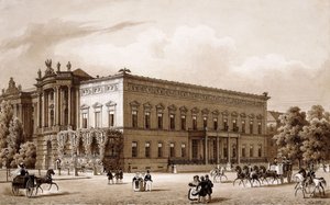 Unter den Linden, Berlín. Palác prince Wilhelma, postavený Karlem Langhansem v letech 1834-36, a Královská knihovna, postavená Georgem Christianem Ungerem v letech 1775-78 podle plánů Josefa Emanuela Fischera von Erlach, s výhledem na Platz am Opernhaus,