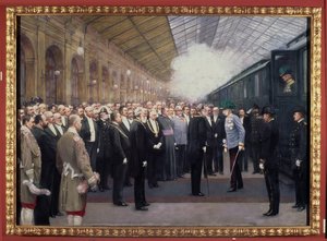 Přijetí rakouského císaře Františka Josefa I. (1830-1916) na státním nádraží u příležitosti anexe Bosny a Hercegoviny, 31. října od Karl Maria Schuster