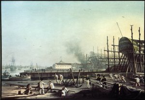 Loděnice Admirality v Petrohradu (Saint-Petersburg). (Námořní loděnice admirality v Petrohradu). Obraz Karla Petroviče Beggrova (1799-1875). Olej na plátně, ruské umění 19. století. Státní ruské muzeum, Petrohrad.