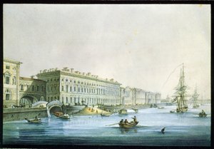 Pohled na palácové nábřeží v Petrohradě. Obraz Karla Petroviče Beggrova (1799-1875). Akvarel a tuš na papíře, cca 1830, ruské umění 19. století, klasicismus. Státní ruské muzeum, Saint Pet