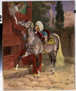 Setkání v Konstantinopoli (nyní Istanbul, Turecko). Mladý muž v turbanu si namlouvá mladou dívku, která se vyklání z okna, aby svému koni nabídla cukr. V pozadí bazilika a mešita svaté Sofie. Kresba Karla Pavloviče od Karl Pavlovich Bryullov