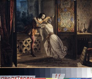 Romeo a Julie (Romeo a Julie). Muž vylézající na balkón, aby našel ženu na tajném setkání. Obraz Karla Pavloviče Briullova (Bryullov) (1799-1852). Akvarel na kartonu, cca 1830, 23,2 x 31,5 cm, ruské umění od Karl Pavlovich Bryullov