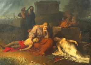 Hecabe s mrtvolami svých dětí Polyxeny a Polydoros u hrobky Achilla