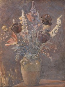 Hliněná váza s tulipány a dalšími květinami od Karla Schoua