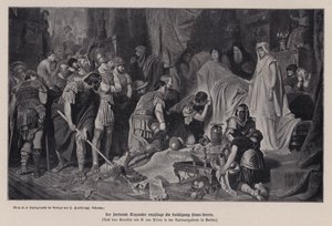 Umírající Alexandr Veliký přijímající poctu své armády, Babylon, 323 př.nl (litho)