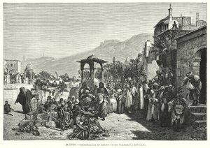 Distribuce dat na hřbitově, Káhira, Egypt (litho)