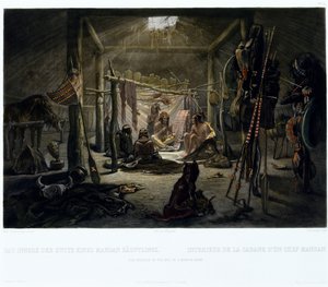 Interiér chatrče Mandanského náčelníka, vyryl Narcisse Edmond Desmadryl (nar. 1801) kolem roku 1835 (rytina s akvatintou) od Karl after Bodmer
