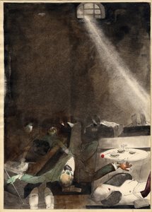 ""Le the de cinq heures a la márnice"" (Čaj o páté v márnici) Hlubotisk Karlis Padegs (1911-1940) - 1935 Rozměr 34x24 cm Státní muzeum umění Lotyšské republiky, Riga Lettonie