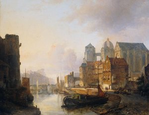 Imaginární pohled na město u řeky s katedrálou v Cáchách od Kasparus Karsen (signed by artist)