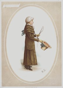 Chlapec v dlouhém hnědém kabátě, s parukou, kloboukem a loveckým bičem (barva litho) od Kate (after) Greenaway