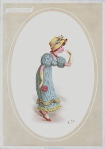 Dívka v modrých šatech se slaměným kloboukem, držící růži (barva lito) od Kate (after) Greenaway