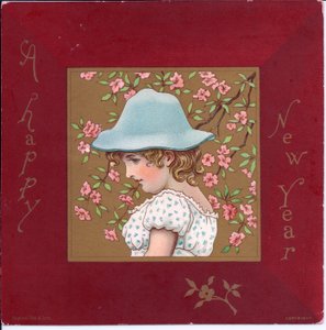Viktoriánské vánoční přání dívky oblečené v regency oblečení držící košík květin, kolem roku 1880 od Kate Greenaway
