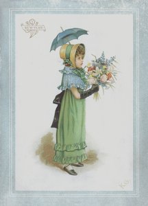 Dívka v zelených šatech, drží slunečník a kytici květin od Kate Greenaway