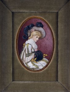 Oválný portrét blondýnky v opeřeném klobouku s rukama v rukávníku od Kate Greenaway