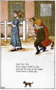 Tell tale tit/Your gongue shall be slit: Ilustrace Kate Greenawayové (1846-1901) ke knize dětských říkanek. Chromolitografie od Kate Greenaway
