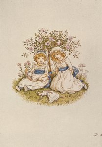 Dvě dívky s panenkami sedící pod růžovým keřem, 19. století od Kate Greenaway