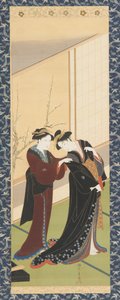 Interiér: žena pomáhající dívce oblékat se, období Edo, 1726-1792.