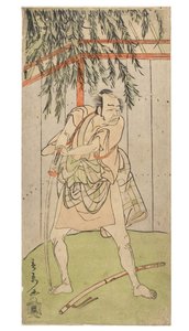 Herec v postavě (muž) opírající se o tasený meč s pochvou na zemi, kolem 1768-1770 (dřevořez na papíře)