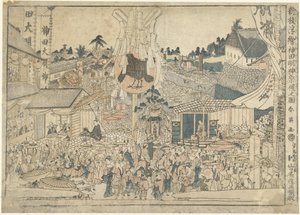 Pohled na festival ve svatyni Myojin v Kanda Kanda Myojin sairei no zu (název na objektu) Nová čísla perspektivních tisků Shinpan uki-e (název série na objektu)
