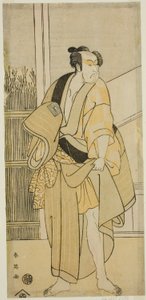 Herec Ičikawa Monnosuke II jako Hiranoja Tokubei () ve hře Waka Murasaki Edokko Soga (), která se hrála v divadle Ichimura () ve třetím měsíci roku 1792 () od Katsukawa Shun