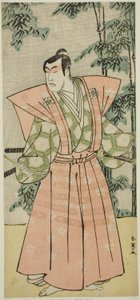 Herec Matsumoto Koshiro IV jako Hatakeyama Shigetada v převleku za Honjo Soheijiho () ve hře Edo no Fuji Wakayagi Soga (), hrané v divadle Nakamura () v prvním měsíci roku 1789 () od Katsukawa Shun