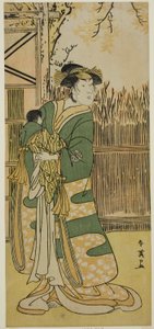 Herec Nakajama Tomisaburo I. jako paní Tokiwa (Tokiwa Gozen) () ve hře Kimmenuki Genke no Kakutsuba (), hrané v divadle Ichimura () v jedenáctém měsíci roku 1791 () od Katsukawa Shun
