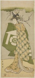 Herec Osagawa Tsuneyo II jako Oiso no Tora ve hře Gohiiki no Hana Aikyo Soga, která se hrála v divadle Kawarazaki v prvním měsíci roku 1794 od Katsukawa Shun