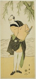 Herec Sawamura Sojuro III jako Ume no Yoshihei ve hře Suda no Haru Geisha Katagi, která se hrála v divadle Kiri v prvním měsíci roku 1796 od Katsukawa Shun