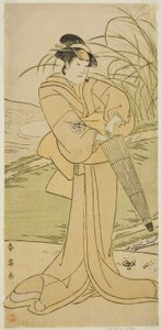 Herec Jamašita Kinsaku II jako Okaja ve hře Jomogi Fuku Noki no Tamamizu, která se hrála v divadle Kiri v pátém měsíci roku 1795 od Katsukawa Shun