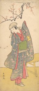 Čtvrtý Iwai Hanshiro jako mladá dívka stojící u dřevěné lavice, ca. 1790 od Katsukawa Shun