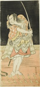 Herci Nakamura Nakazô I. jako Danšiči Kurobei a Ičikawa Danjûrô V. jako Issun Tokubei ve filmu "Zrcadlo Ósaky na letním festivalu" ("Natsu Matsuri Naniwa Kagami"). od Katsukawa Shunkо̄