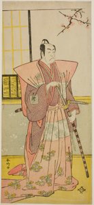 Herec Ičikawa Omezo I. jako Koyurugi Motomenosuke () ve hře Haru no Nishiki Date-zome Soga (), která se hrála v divadle Nakamura () v prvním měsíci roku 1790 () od Katsukawa Shunkо̄