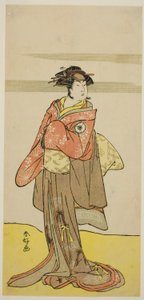 Herec Iwai Hanshiro IV. jako Hitomaru převlečený za gejšu Oshun ve hře Edo no Hana Mimasu Soga, která se hrála v divadle Nakamura ve třetím měsíci roku 1783 od Katsukawa Shunkо̄