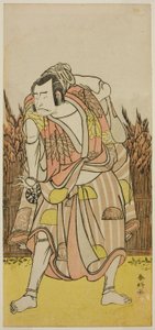 Herec Nakamura Nakazo I. jako Hačiman Taro Jošiie () ve hře Oshu Adachi ga Hara (), hrané v divadle Nakamura () ve čtvrtém měsíci roku 1775 () od Katsukawa Shunkо̄